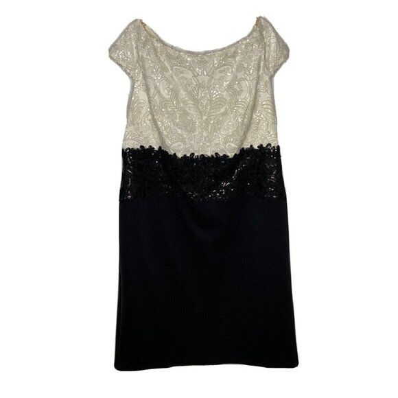 Tadashi Shoji Too Woman’s Sequin Ivory Black Sheath Cap Sleeve Midi Dres…
